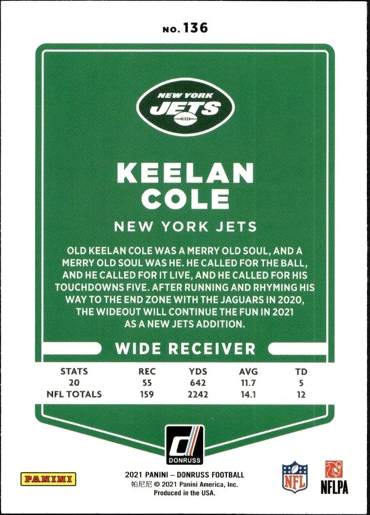 2021 Donruss Keelan Cole #136 football trading card back