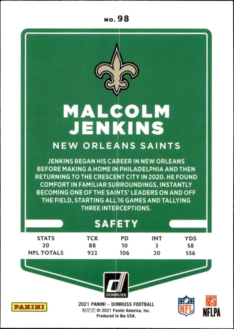 2021 Donruss Malcolm Jenkins #98 football trading card back