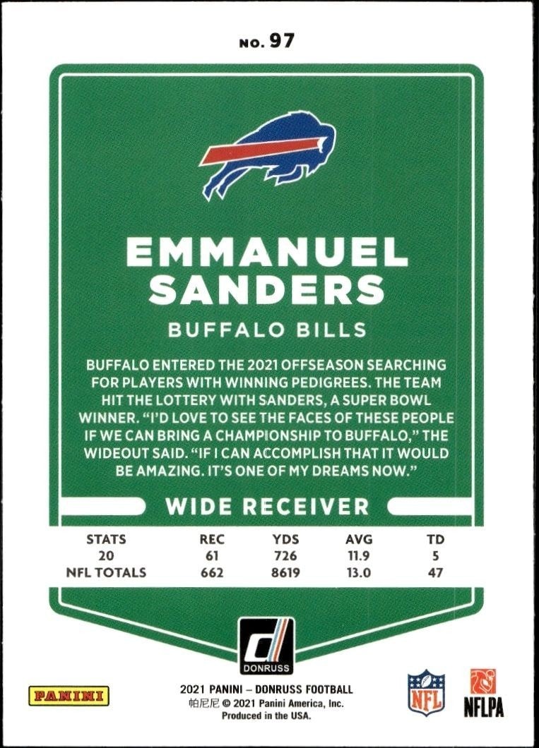 2021 Donruss Emmanuel Sanders #97 football trading card back