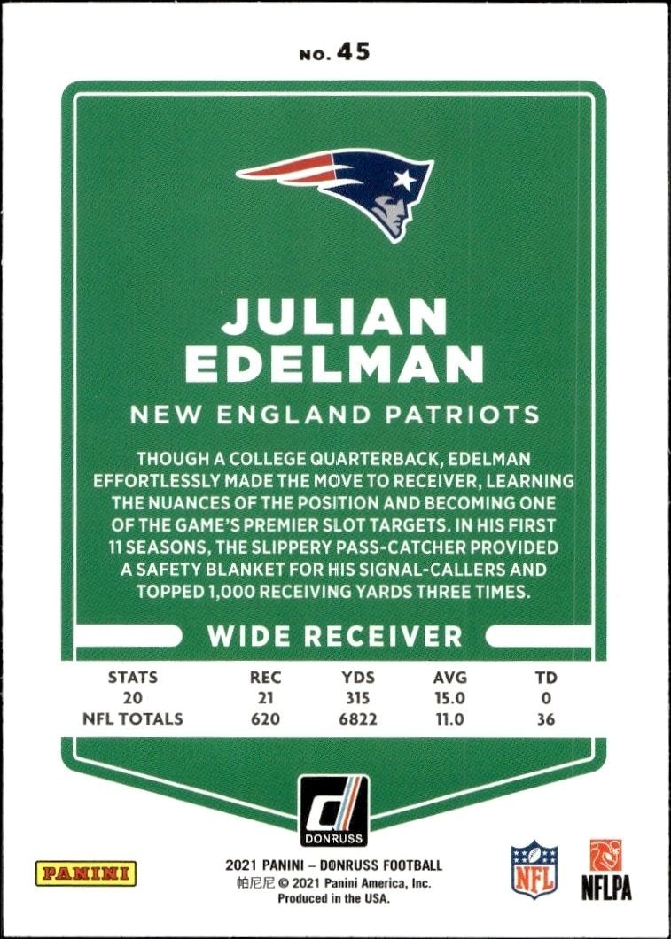 2021 Donruss Julian Edelman #45 football trading card back