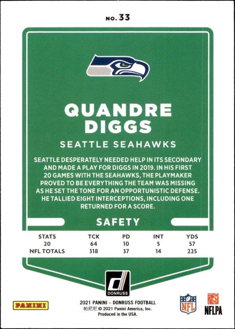 2021 Donruss Quandre Diggs #33 football trading card back