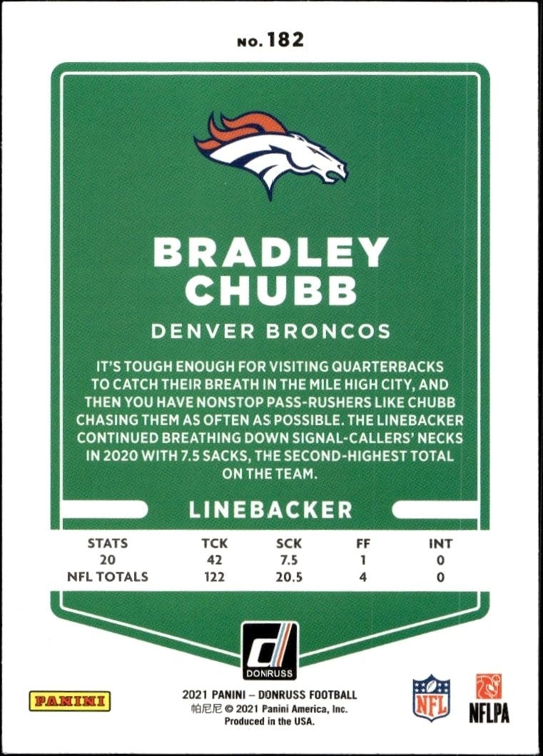 2021 Donruss Bradley Chubb #182 football trading card back