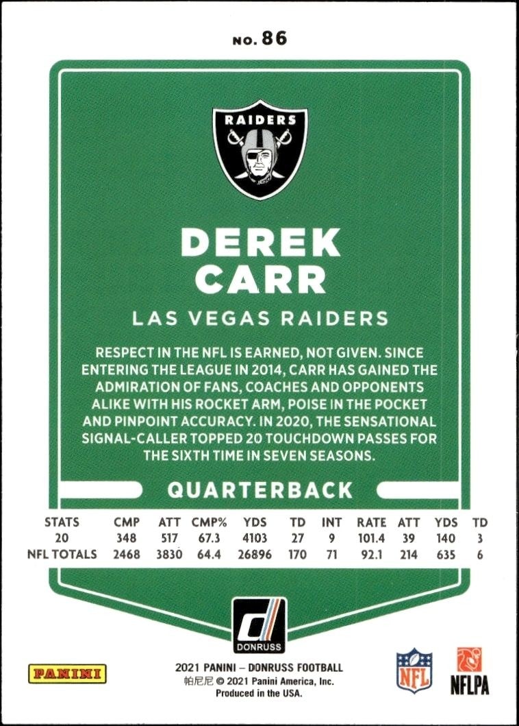 2021 Donruss Derek Carr #86 football trading card back