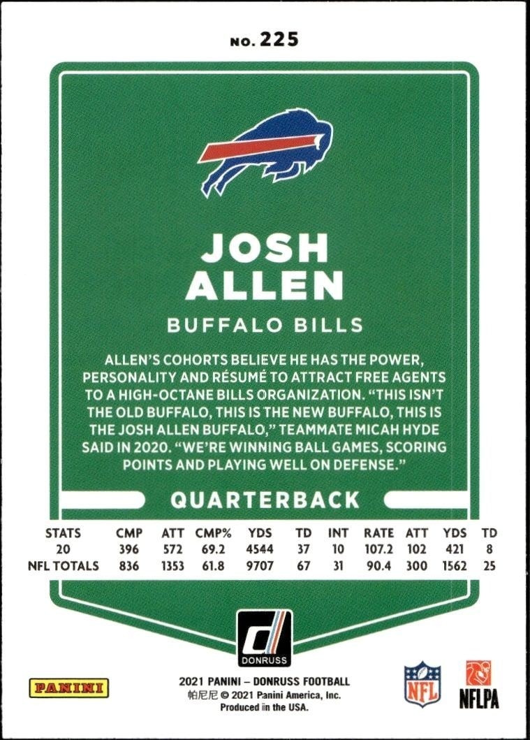 2021 Donruss Josh Allen #225 football trading card back