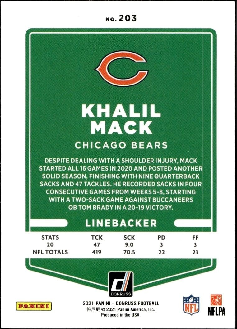 2021 Donruss Khalil Mack #203 football trading card back