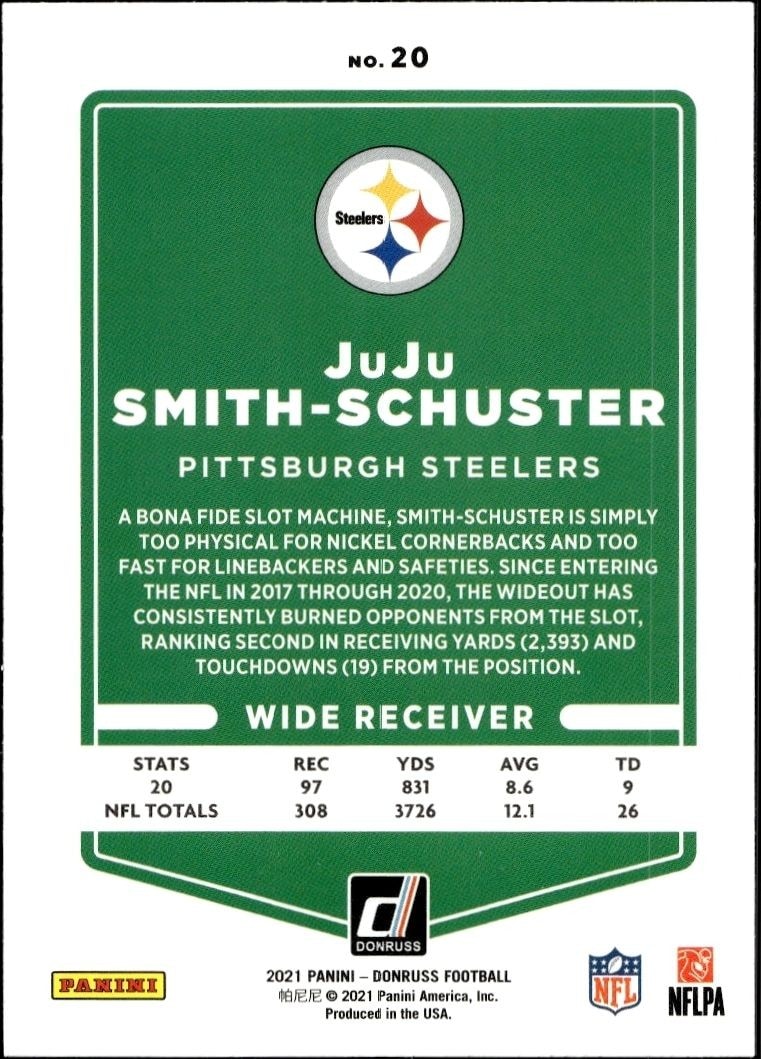2021 Donruss Juju Smith-Schuster #20 football trading card back