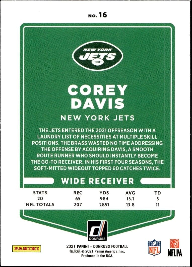 2021 Donruss Corey Davis #16 football trading card back