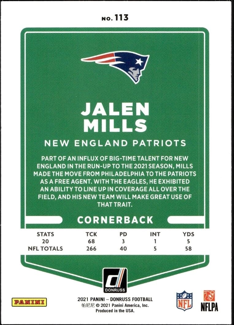 2021 Donruss Jalen Mills #113 football trading card back