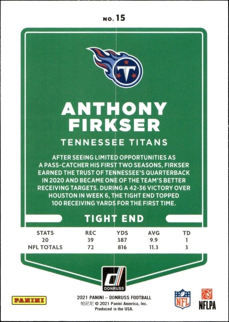 2021 Donruss Anthony Firkser #15 football trading card back