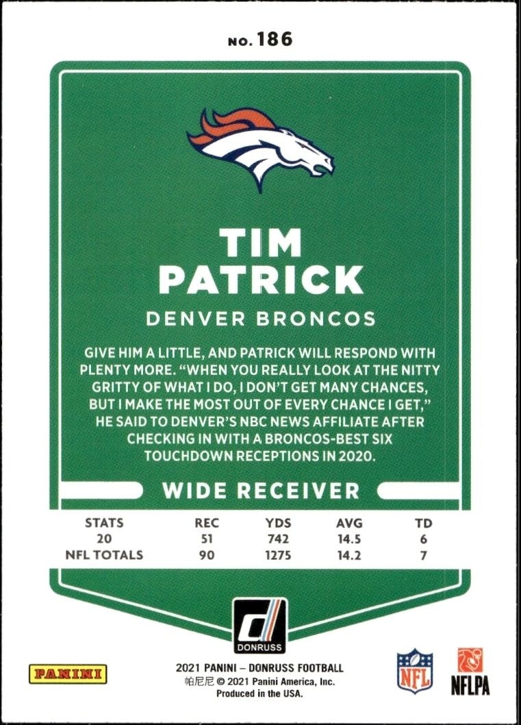 2021 Donruss Tim Patrick #186 football trading card back