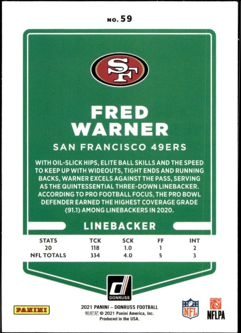 2021 Donruss Fred Warner #59 football trading card back