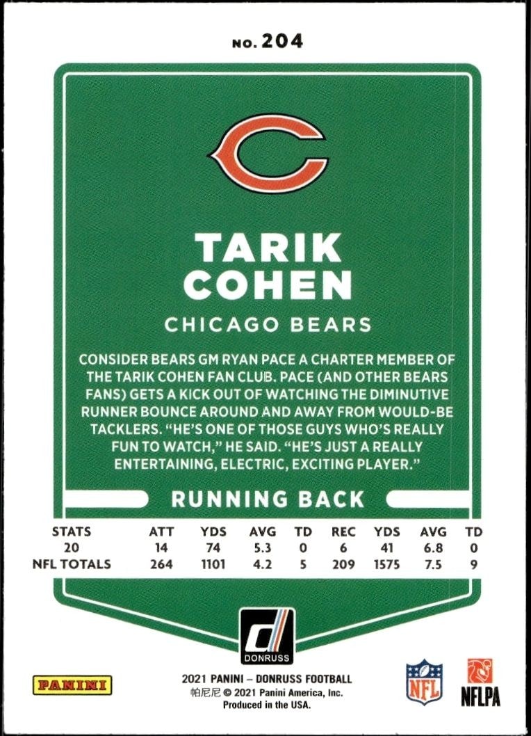 2021 Donruss Tarik Cohen #204 football trading card back