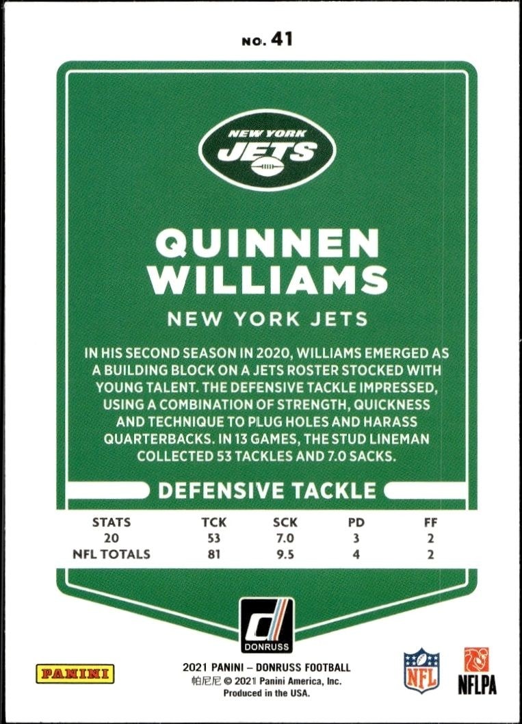 2021 Donruss Quinnen Williams #41 football trading card back