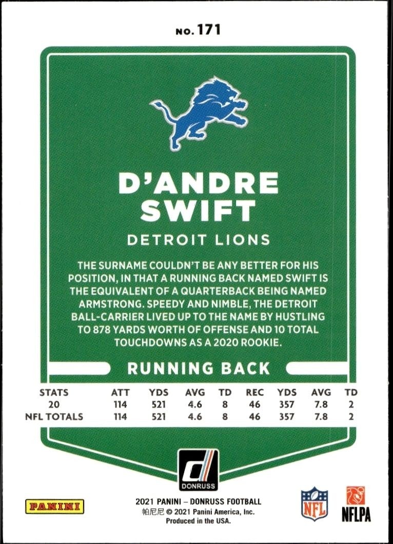 2021 Donruss D'Andre Swift #171 football trading card back