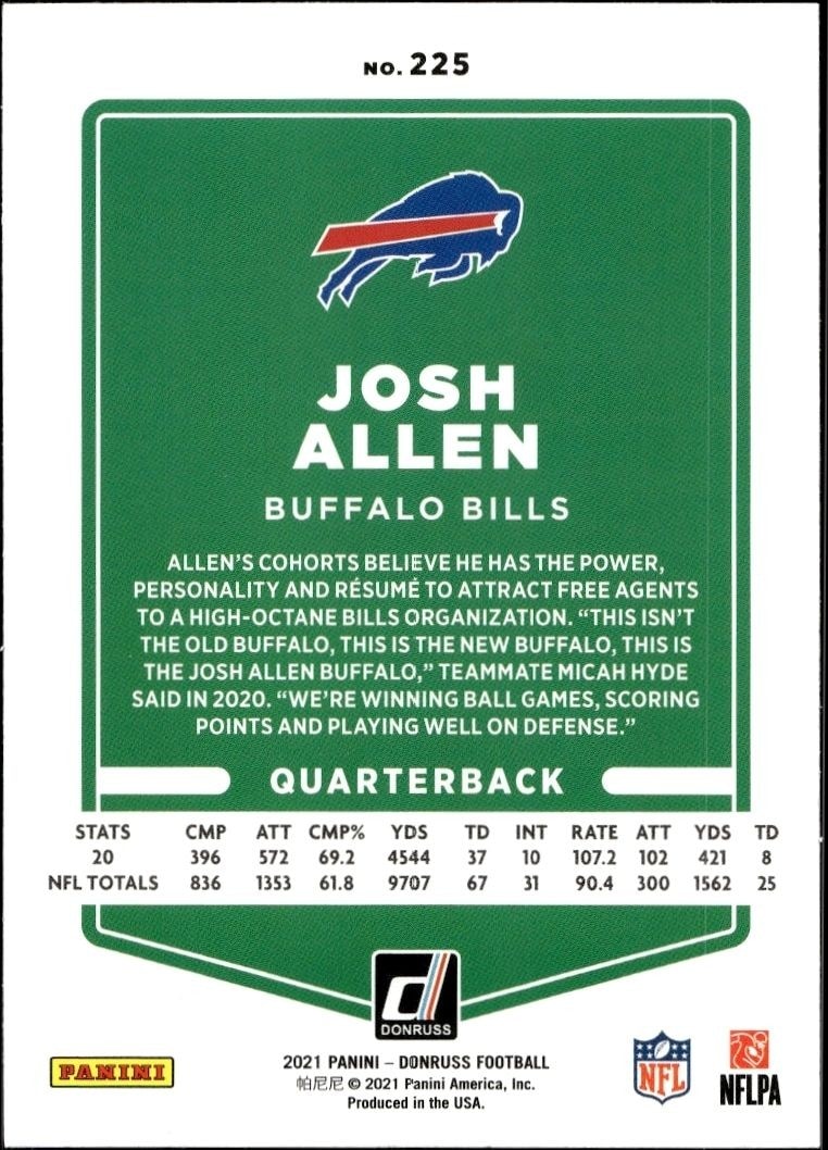 2021 Donruss Josh Allen #225 football trading card back
