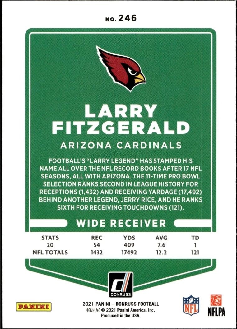 2021 Donruss Larry Fitzgerald #246 football trading card back