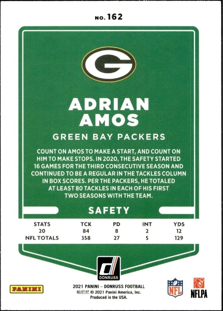 2021 Donruss Adrian Amos #162 football trading card back