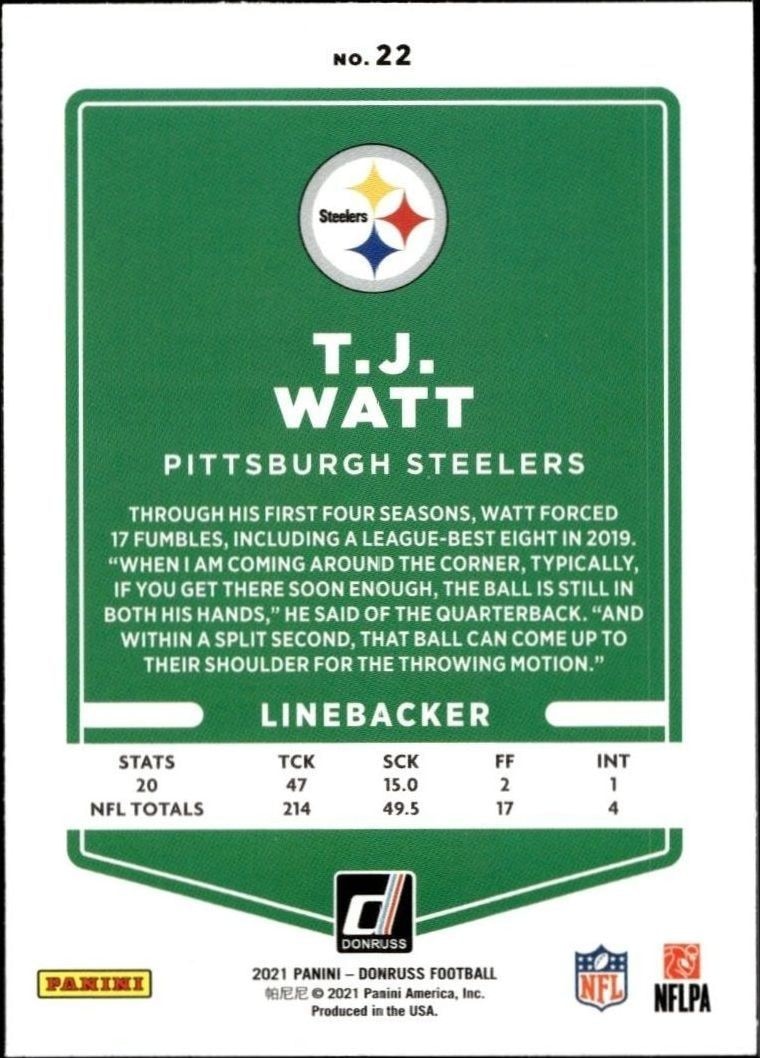 2021 Donruss T.J. Watt #22 football trading card back