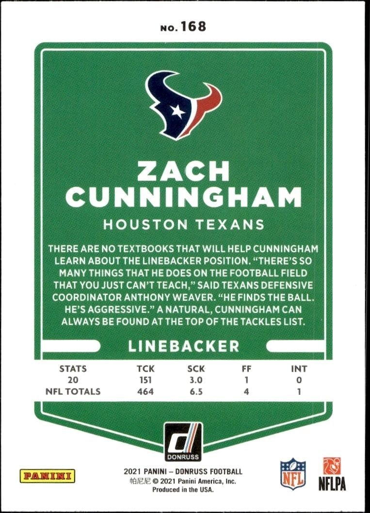2021 Donruss Zach Cunningham #168 football trading card back