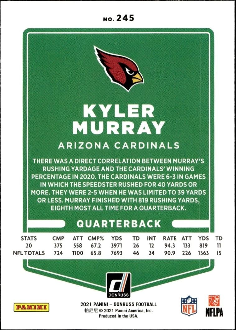 2021 Donruss Kyler Murray #245 football trading card back