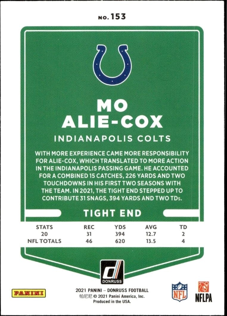 2021 Donruss Mo Alie-Cox #153 football trading card back