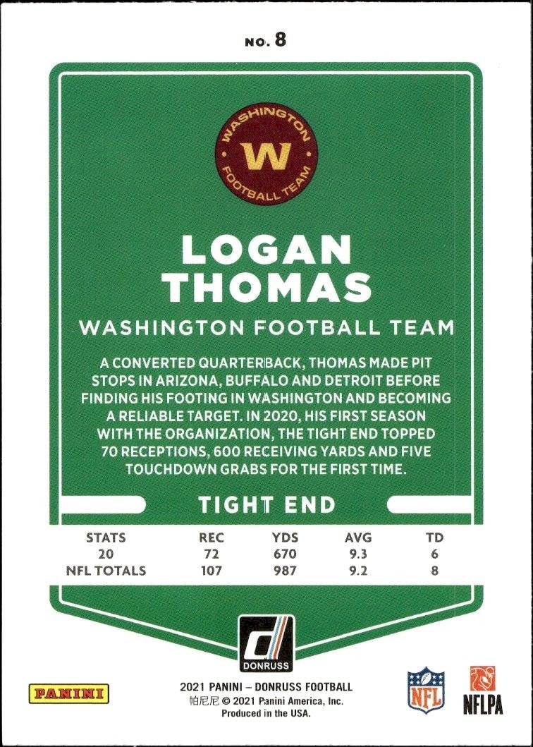 2021 Donruss Logan Thomas #8 football trading card back