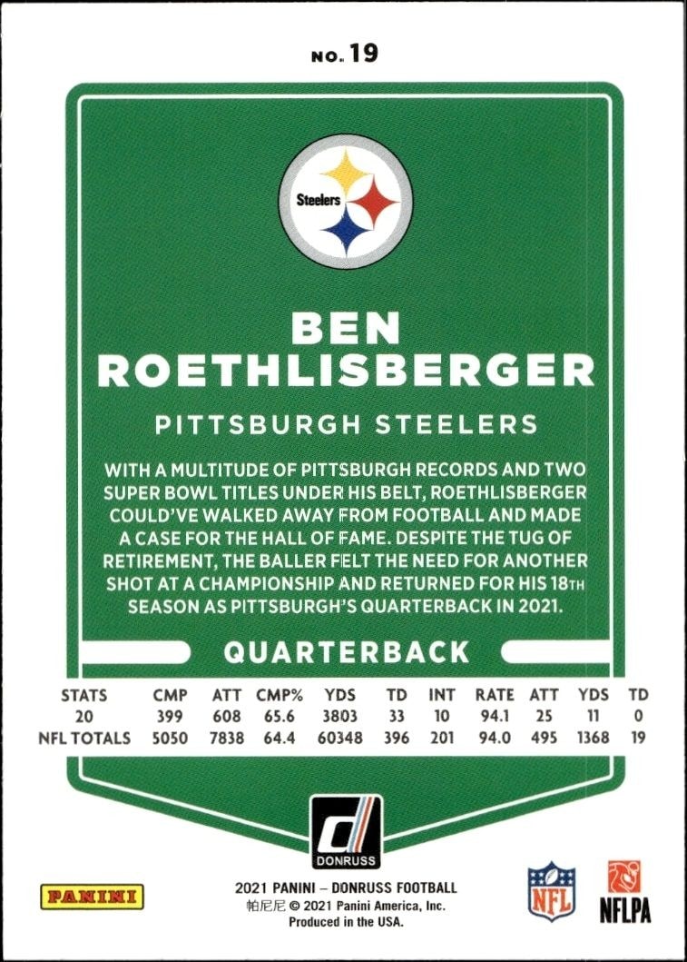 2021 Donruss Ben Roethlisberger #19 football trading card back