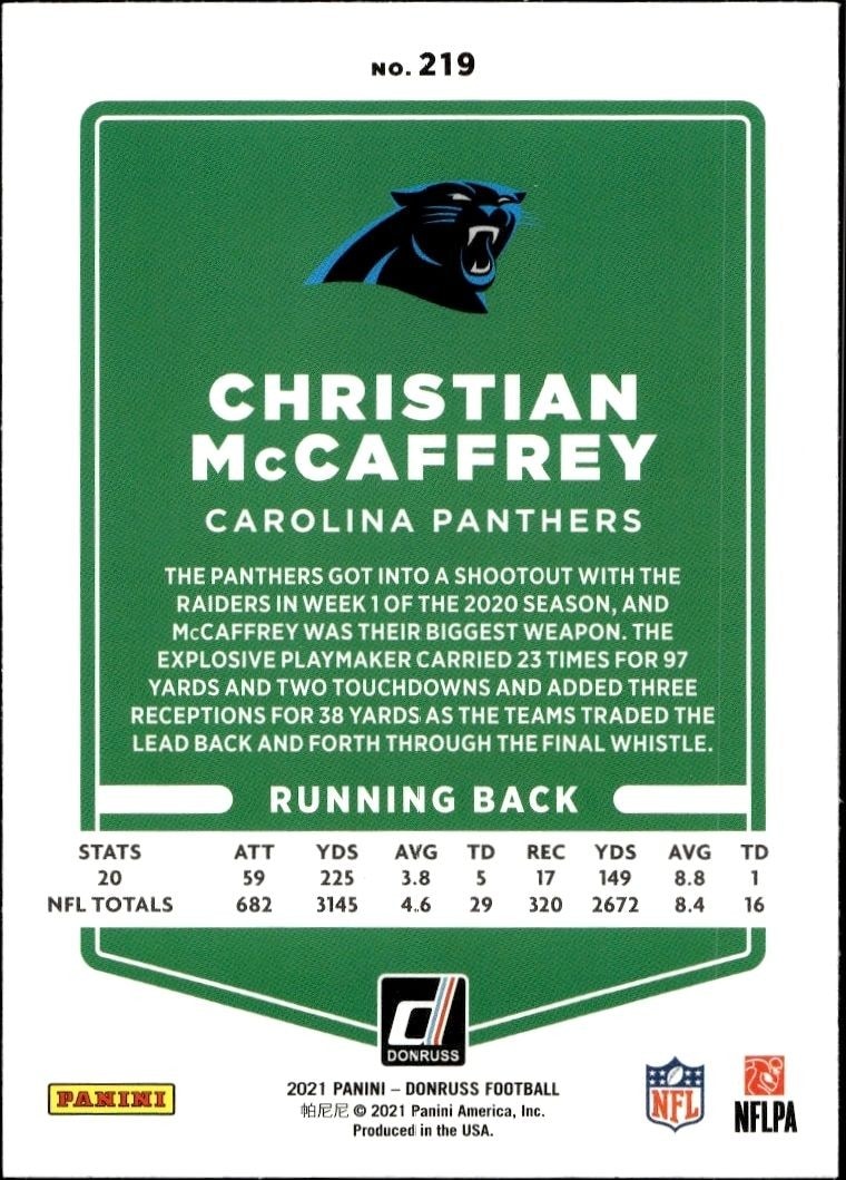 2021 Donruss Christian McCaffrey #219 football trading card back