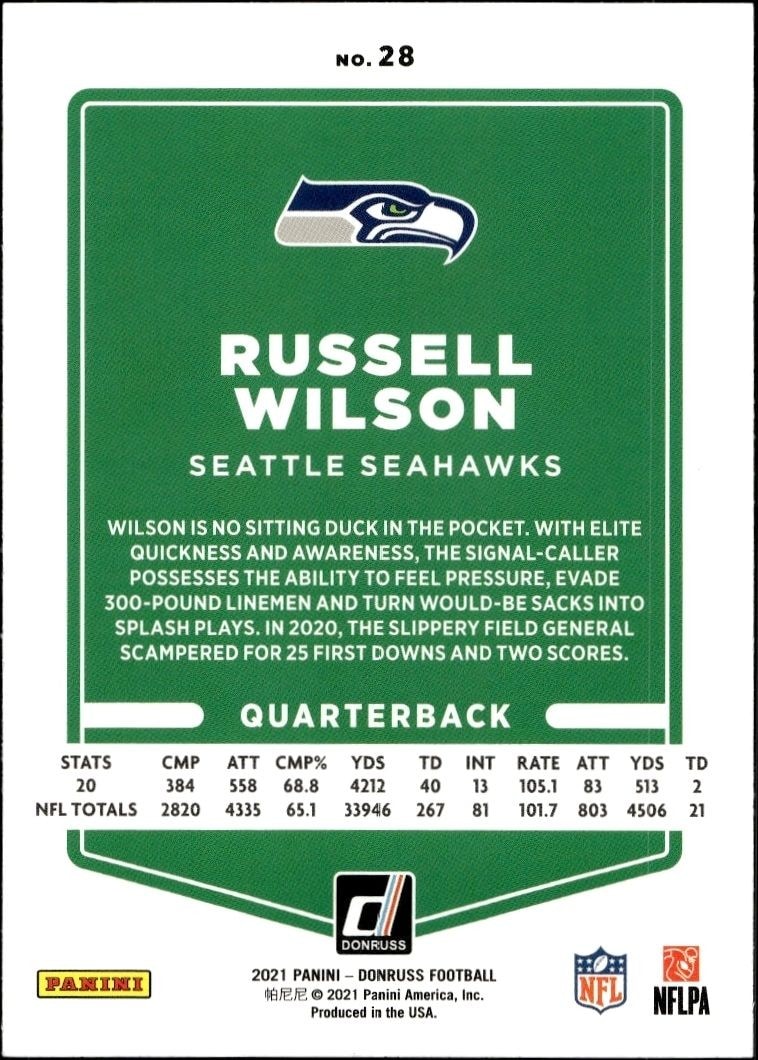 2021 Donruss Russell Wilson #28 football trading card back