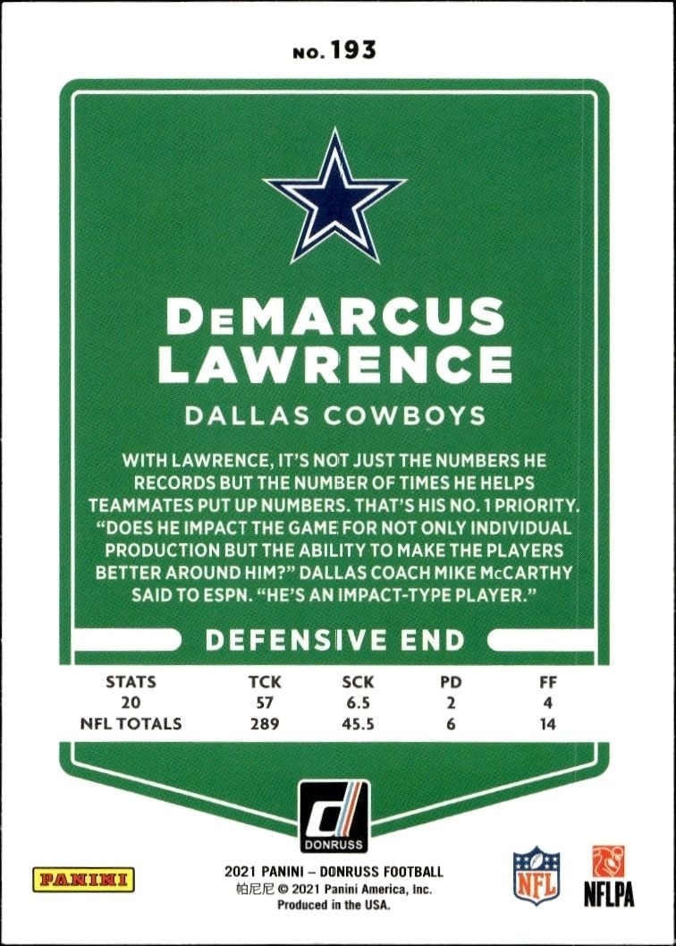 2021 Donruss Demarcus Lawrence #193 football trading card back