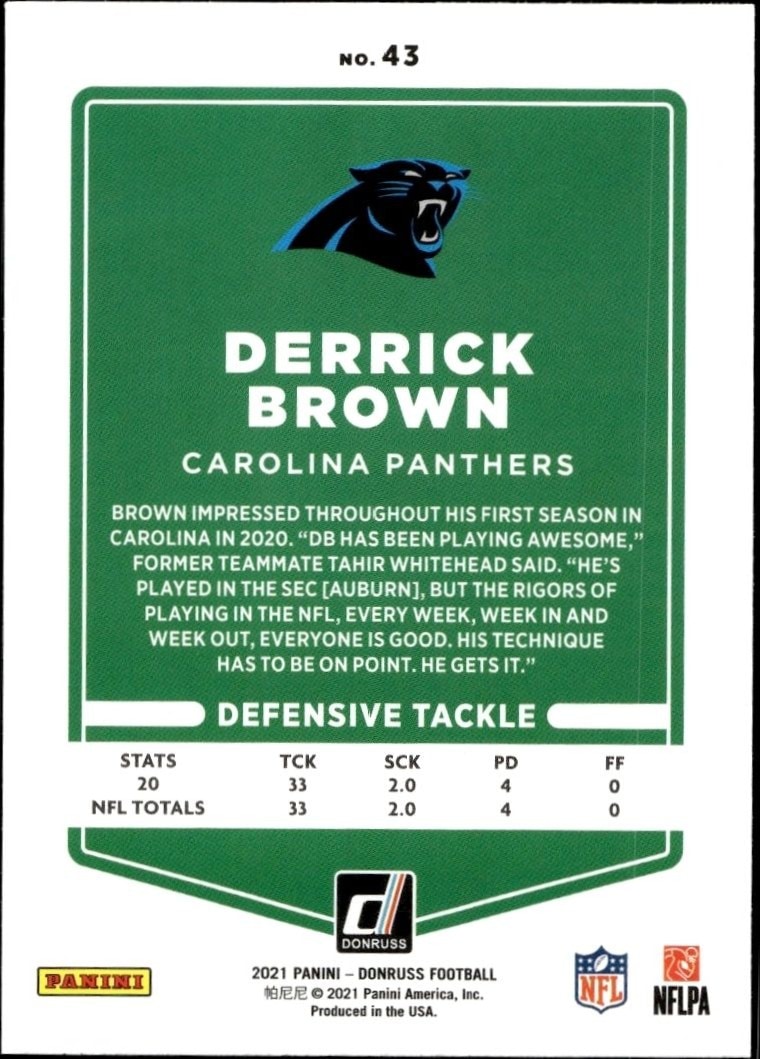 2021 Donruss Derrick Brown #43 football trading card back