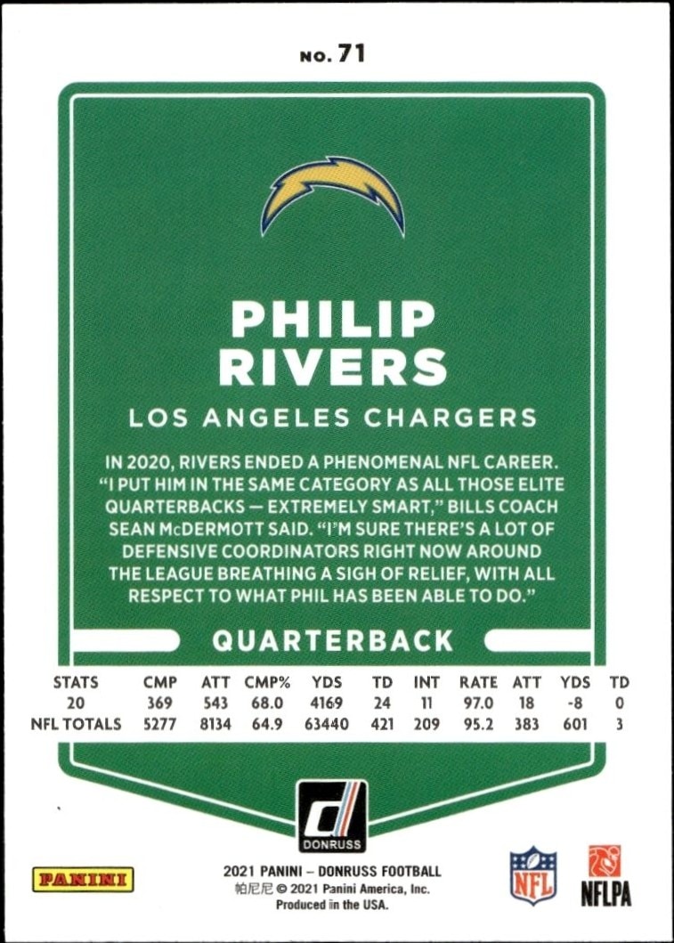 2021 Donruss Philip Rivers #71 football trading card back