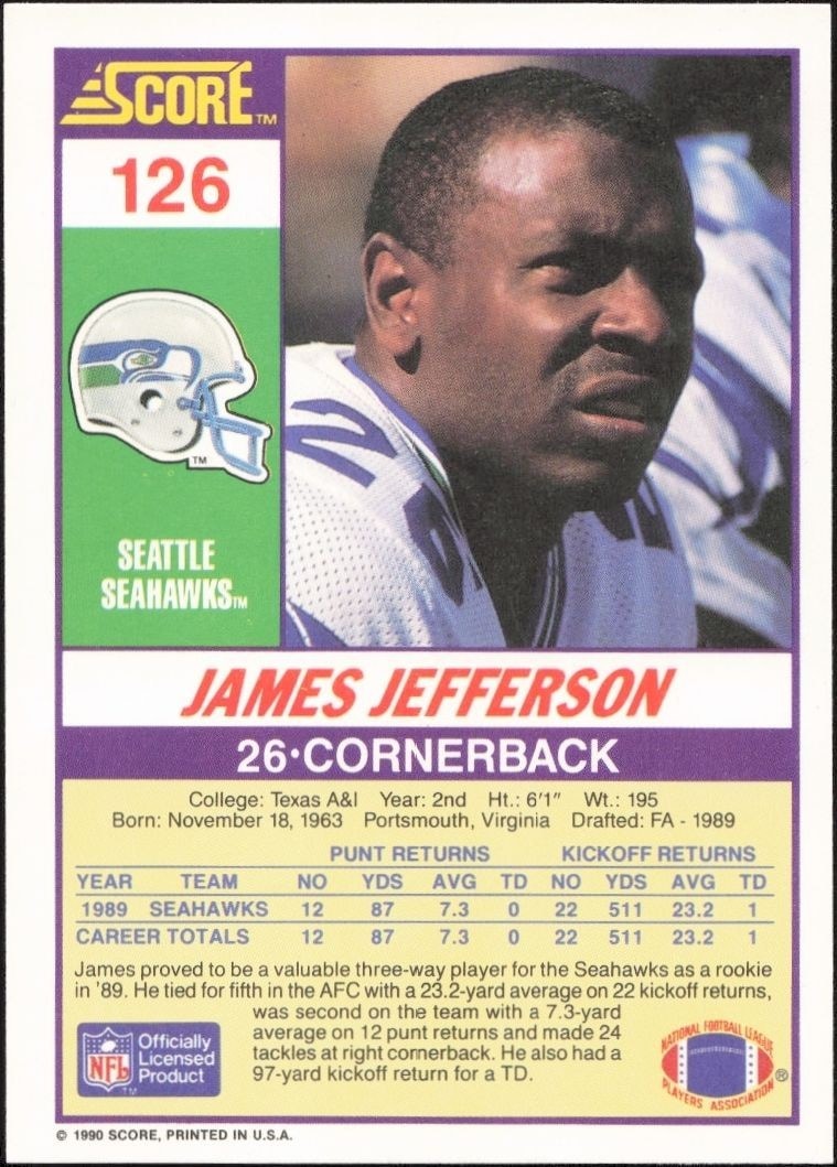 1990 Score James Jefferson #126 football trading card back