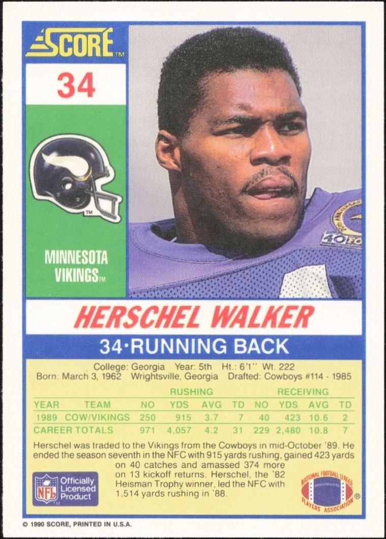 1990 Score Herschel Walker #34 football trading card back