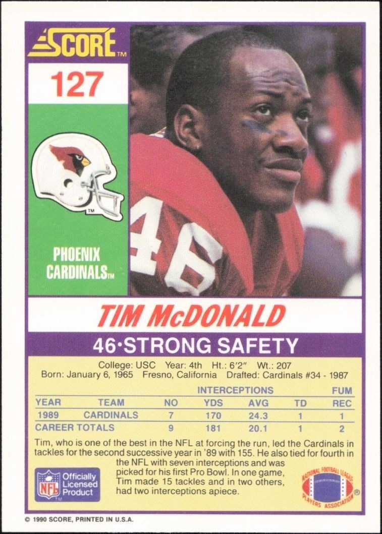 1990 Score Tim McDonald #127 football trading card back