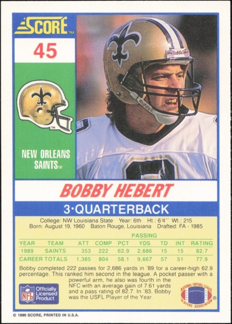 1990 Score Bobby Hebert #45 football trading card back