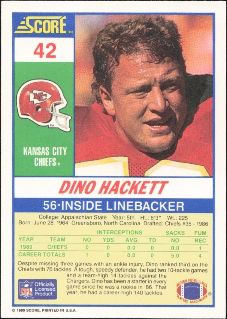 1990 Score Dino Hackett #42 football trading card back