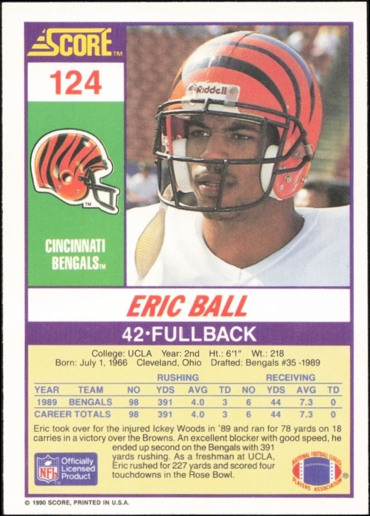 1990 Score Eric Ball #124 football trading card back