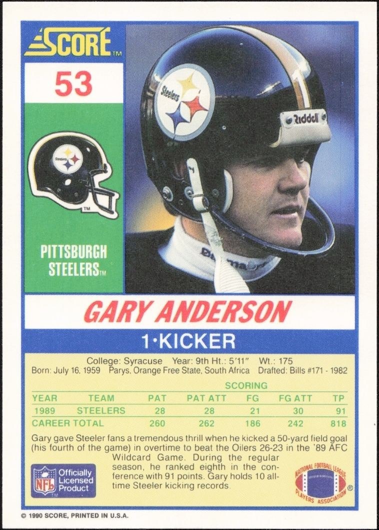 1990 Score Gary Anderson #53 football trading card back