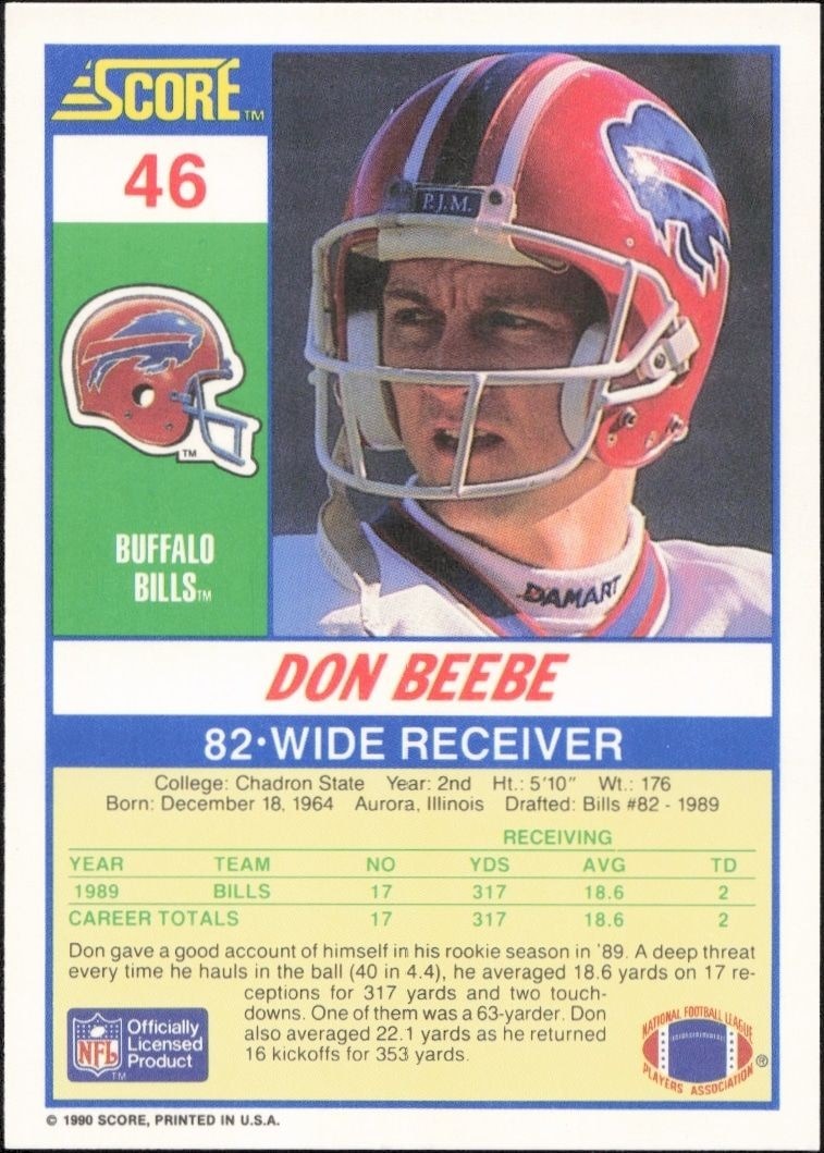 1990 Score Don Beebe #46 football trading card back