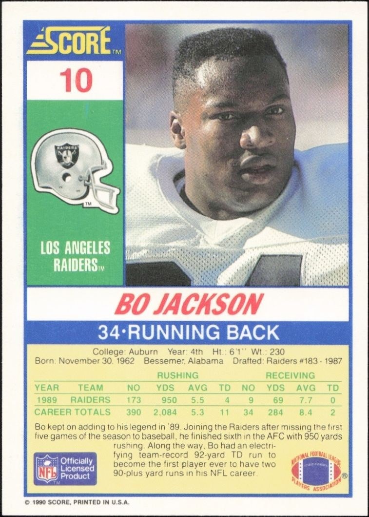 1990 Score Bo Jackson #10 football trading card back