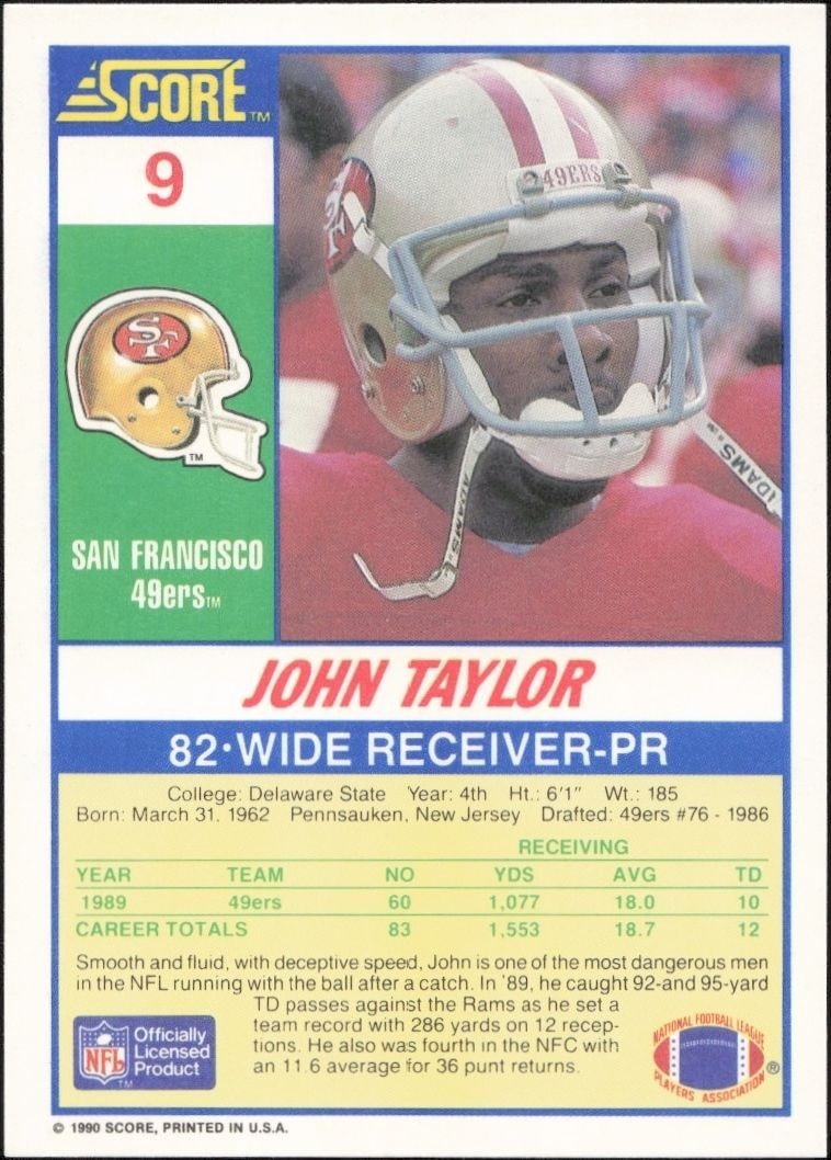 1990 Score John Taylor #9 football trading card back