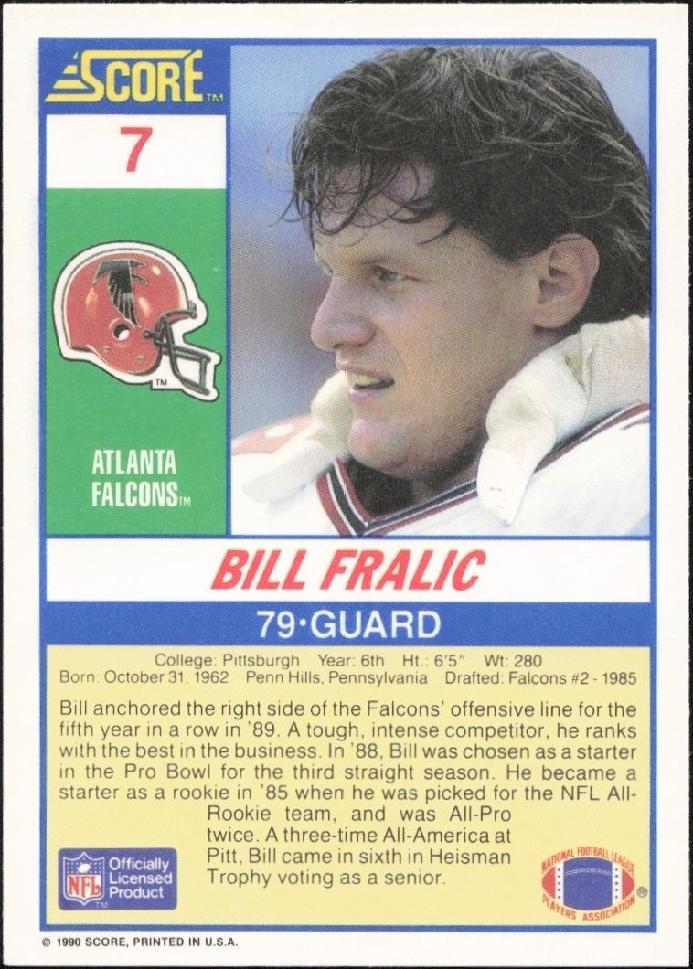 1990 Score Bill Fralic #7 football trading card back