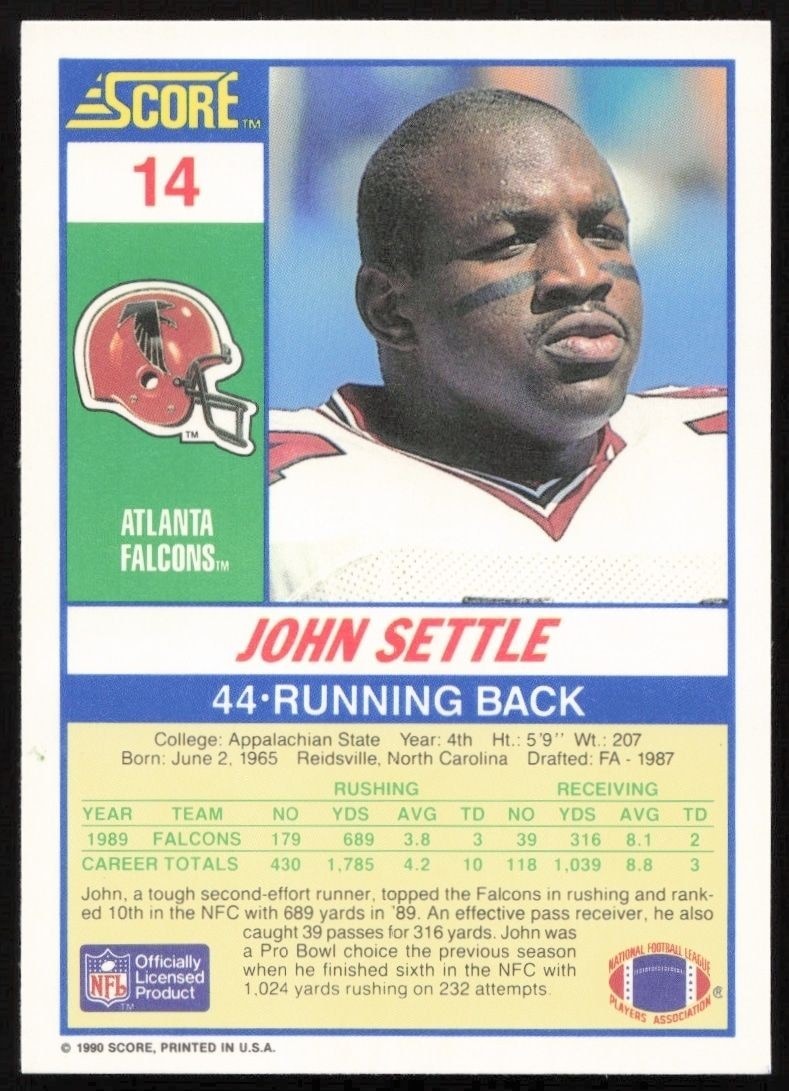 1990 Score John Settle #14 football trading card back