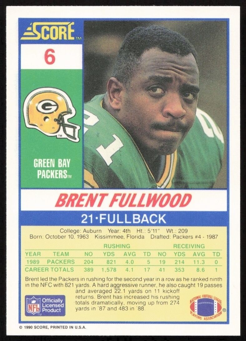 1990 Score Brent Fullwood #6 football trading card back