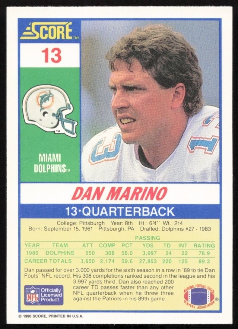 1990 Score Dan Marino #13 football trading card back