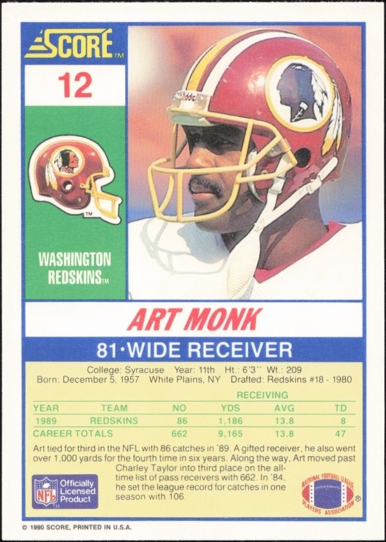 1990 Score Art Monk #12 football trading card back
