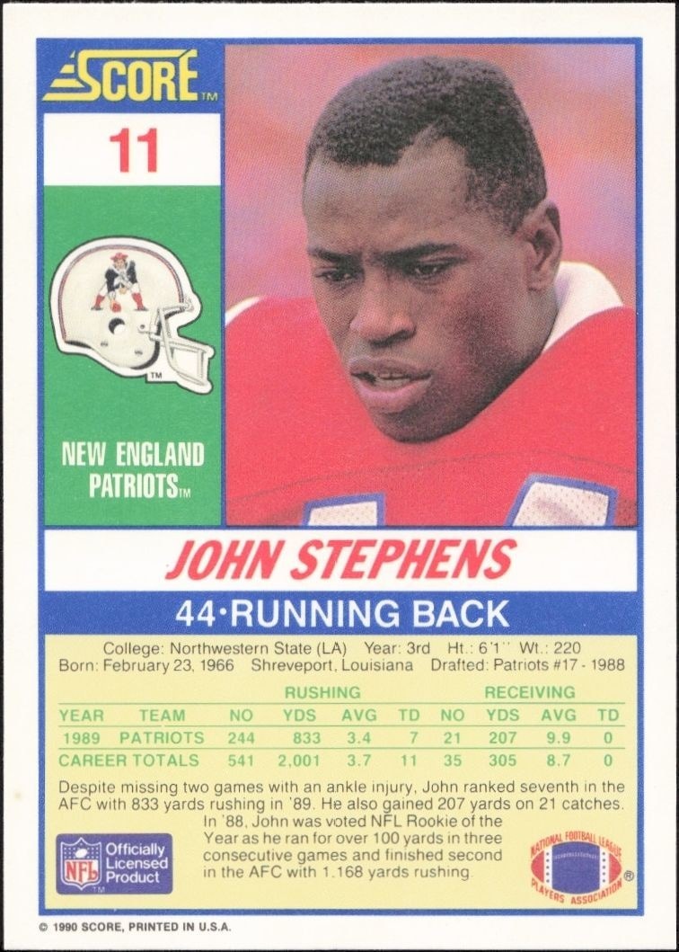 1990 Score John Stephens #11 football trading card back