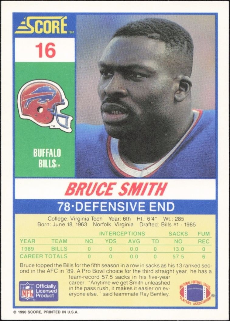 1990 Score Bruce Smith #16 football trading card back
