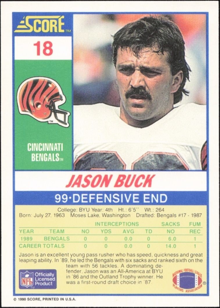 1990 Score Jason Buck #18 football trading card back